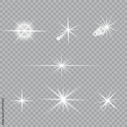 Set of bright white light effects, glare and stars. Sunlight, bright flash.