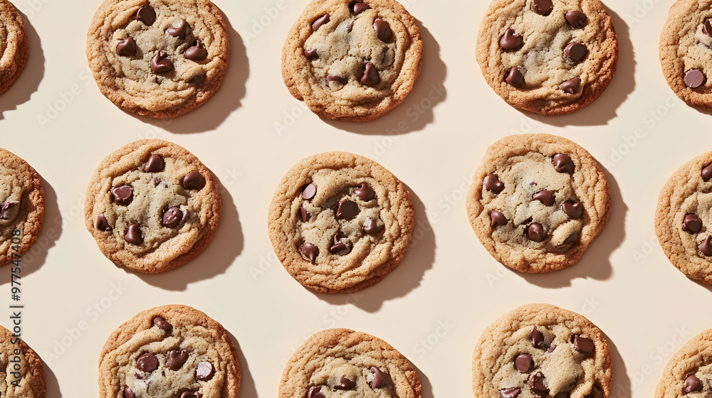 Chocolate chip cookies neatly arranged in rows on a beige surface - Chocolate chip cookies neatly arranged in rows on a beige surface -