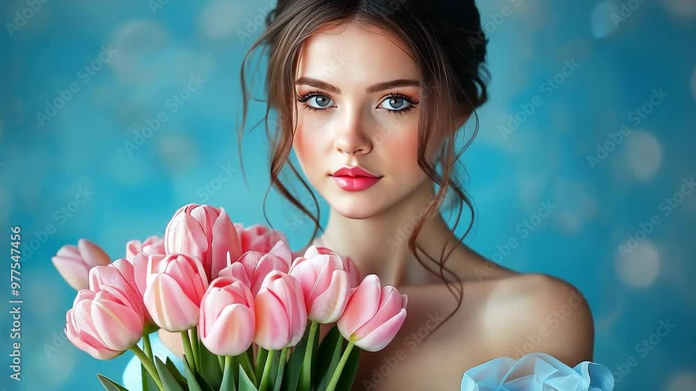 A lovely, kind girl wearing a flowy blue dress is holding a bouquet of pink tulips. A lovely, kind girl wearing a flowy blue dress is holding a bouquet of pink tulips.
