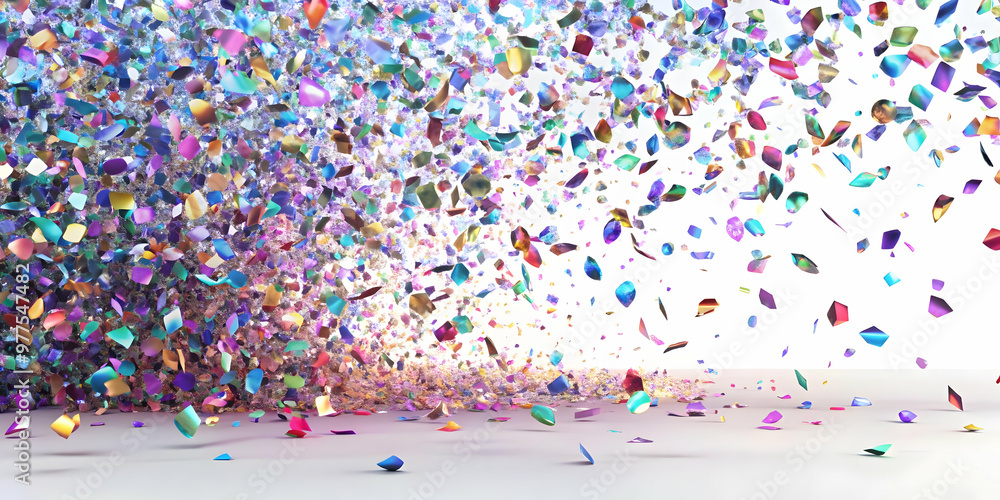 Fototapeta premium 3D Holographic Confetti Burst Concept: Wide Shot of Shimmering Multi-Colored Confetti Pieces Suspended in Air on Plain White Background with Copy Space