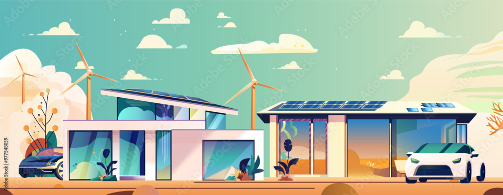 Fototapeta premium Eco-friendly houses with solar panels wind turbines electric cars modern sustainable living scene colorful landscape