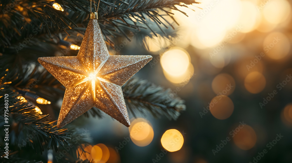 Golden Christmas star ornament on tree at sunset Golden Christmas star ornament on tree at sunset