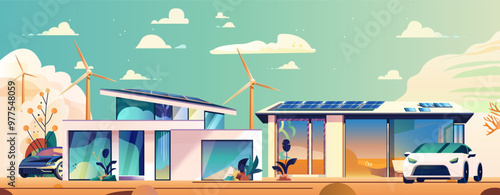 Eco-friendly houses with solar panels wind turbines electric cars modern sustainable living scene colorful landscape