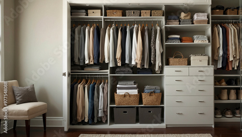 A neatly vintage organized wardrobe showcasing clothes and accessories