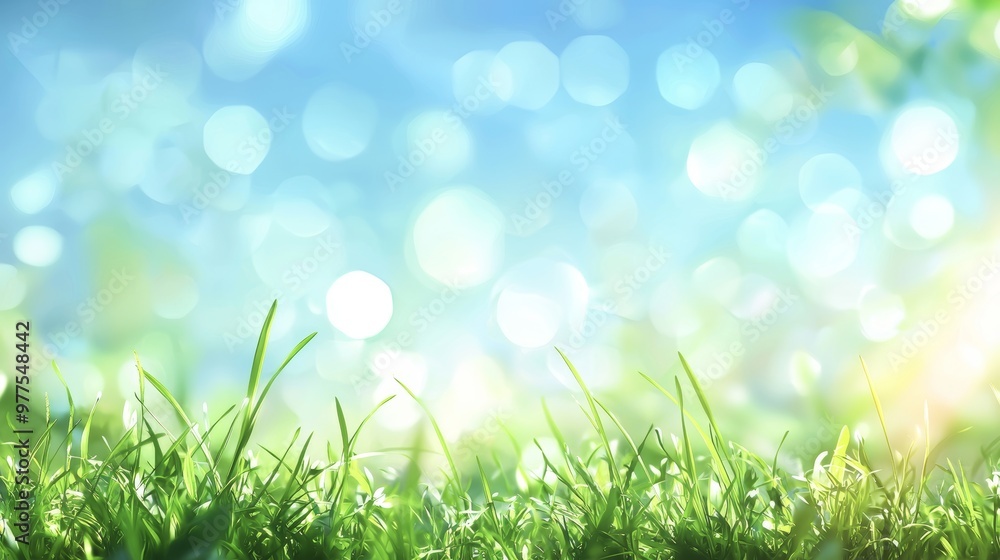 Spring meadow with green grass and blue sky. Abstract background with light bokeh. Spring meadow with green grass and blue sky. Abstract background with light bokeh.