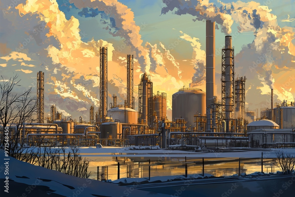 Fototapeta premium Various views of a refinery in the petrochemical industry taken from an aerial perspective in the morning background. A plant oil station, a furnace factory line, and a fuel and energy plant are