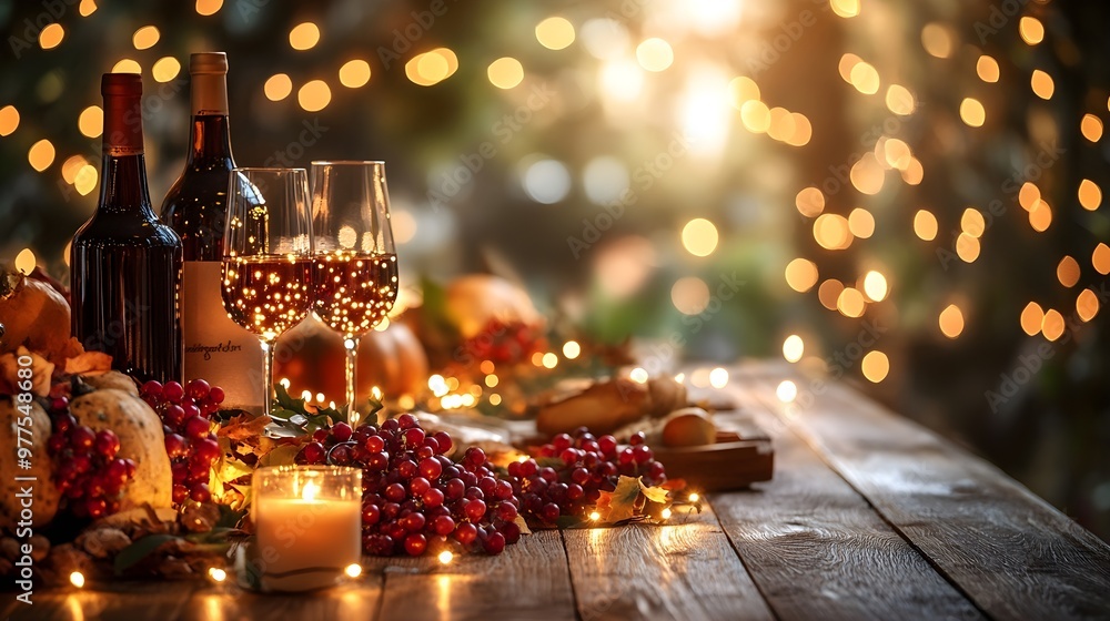 Romantic Autumn Dinner Table with Wine and Lights Romantic Autumn Dinner Table with Wine and Lights
