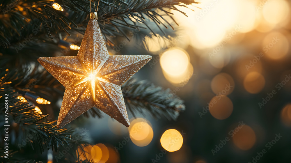 Christmas star ornament hanging on tree branch with golden sunlight Christmas star ornament hanging on tree branch with golden sunlight