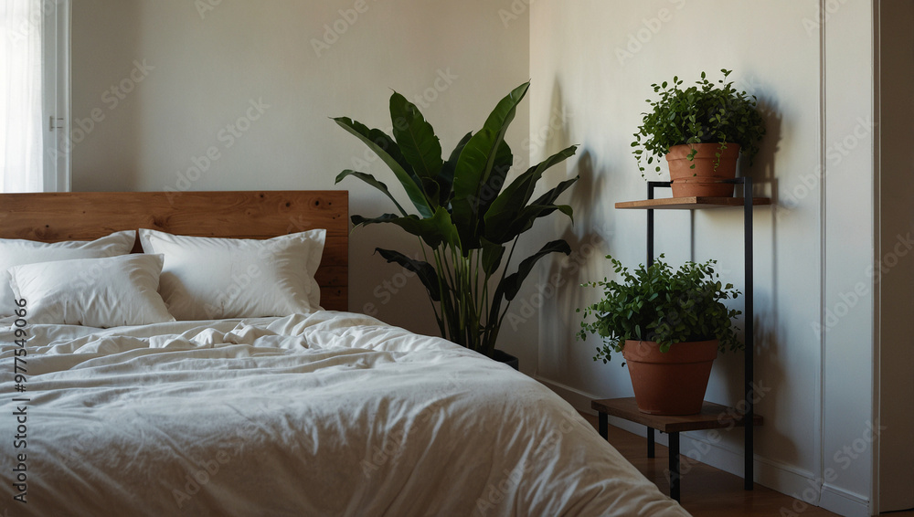 A bedroom with plants decoration, botanical bedroom interior A bedroom with plants decoration, botanical bedroom interior