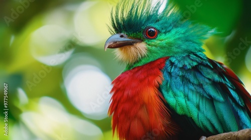 A stunning close-up of a colorful quetzal bird perched in the wild, with iridescent green and red feathers shining.