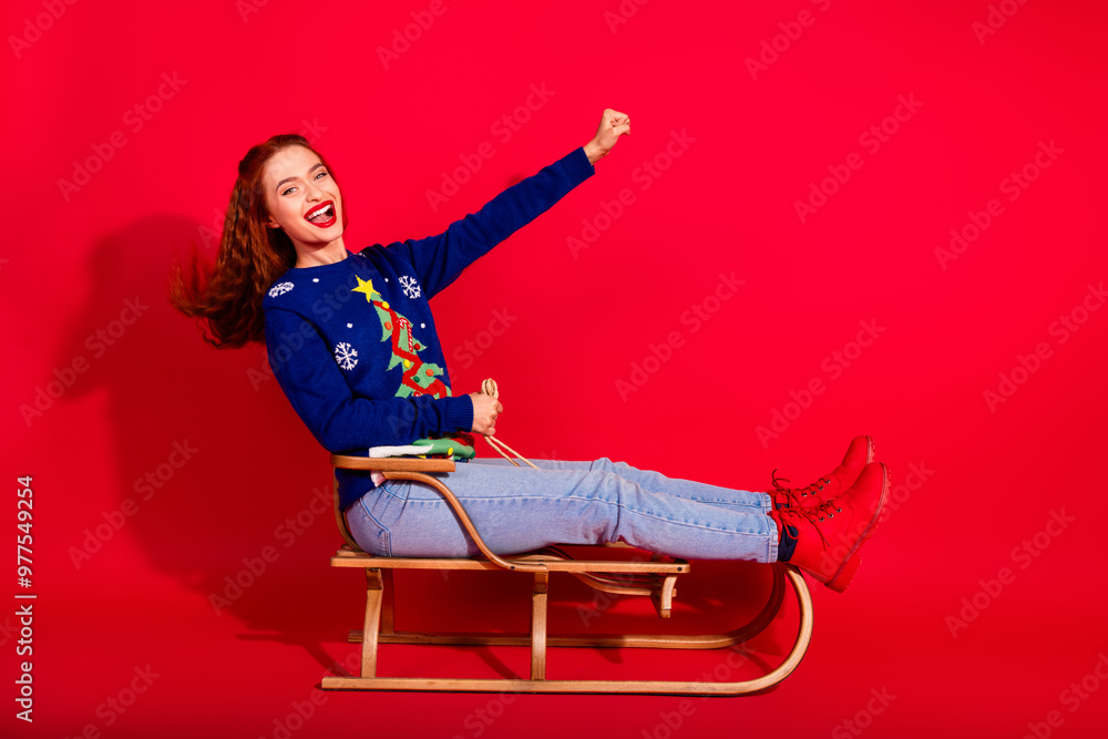 Fototapeta premium Full body photo of attractive young woman riding sledge raise fist dressed stylish blue christmas clothes theme party on red background