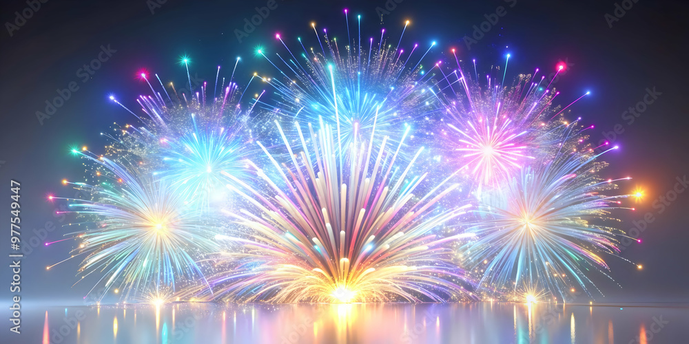 Fototapeta premium 3D Holographic Fireworks Burst - Stunning Medium Shot of Exploding Holographic Patterns with Shimmering Trails on White Background for Creative Designs
