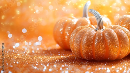 Sparkling Orange Pumpkins on Glittering Background