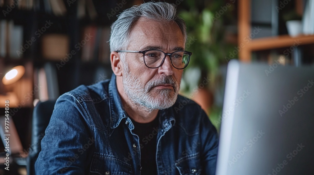 scene of an older man with gray hair and glasses working on a computer in a professional office setting showcasing his career focus, office environment, and productivity scene of an older man with gray hair and glasses working on a computer in a professional office setting showcasing his career focus, office environment, and productivity