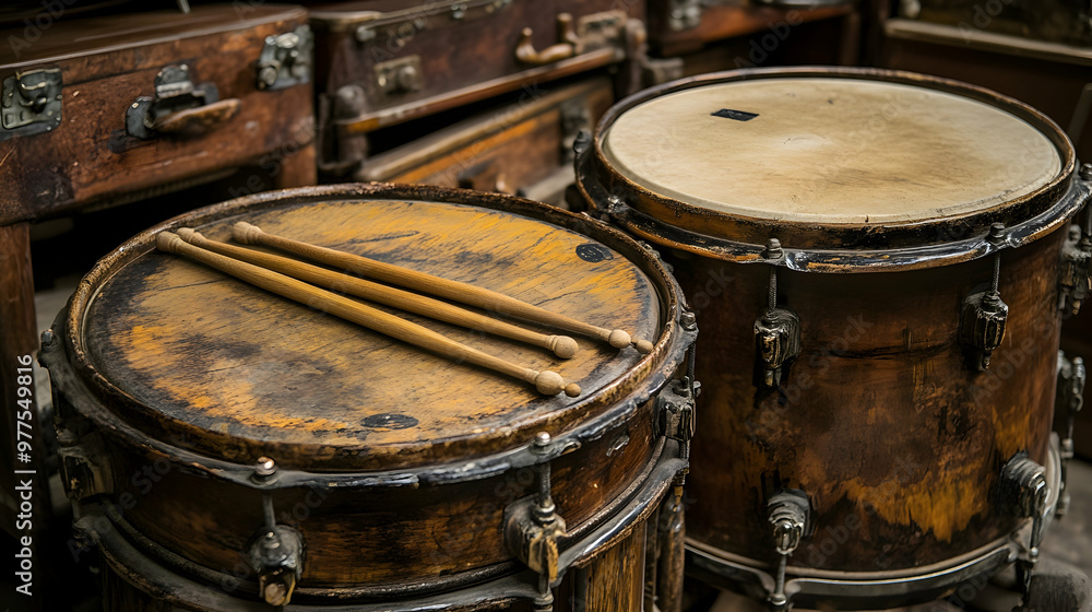 Drum set with large wooden rims and drumsticks lying on top - Drum set with large wooden rims and drumsticks lying on top -