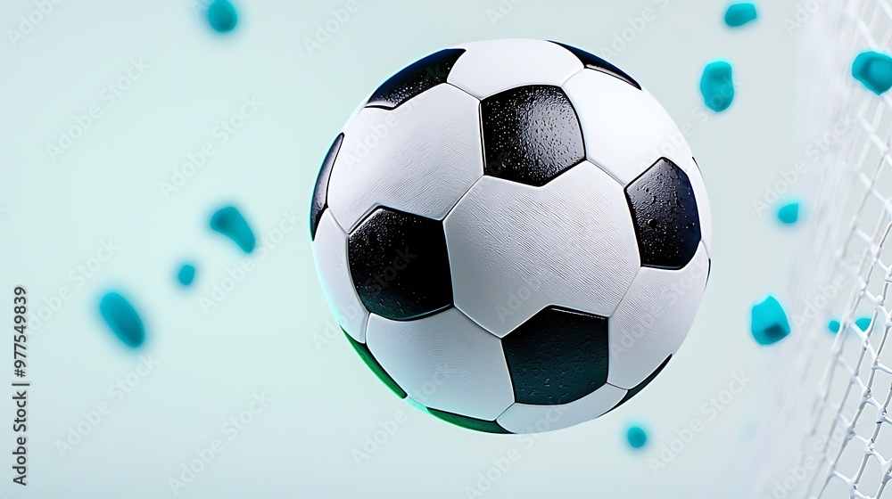 Naklejka premium A soccer ball spins through the air, entwined with abstract blue shapes.