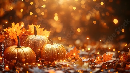 Sparkling Pumpkins & Fall Leaves Autumn Background