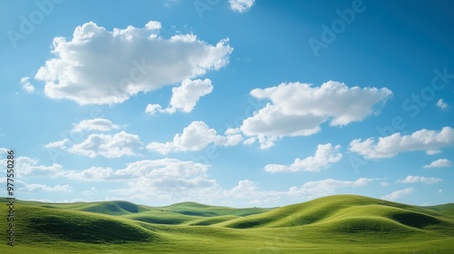 A stunning landscape of rolling green hills under a bright blue sky with fluffy white clouds, creating a peaceful scene.