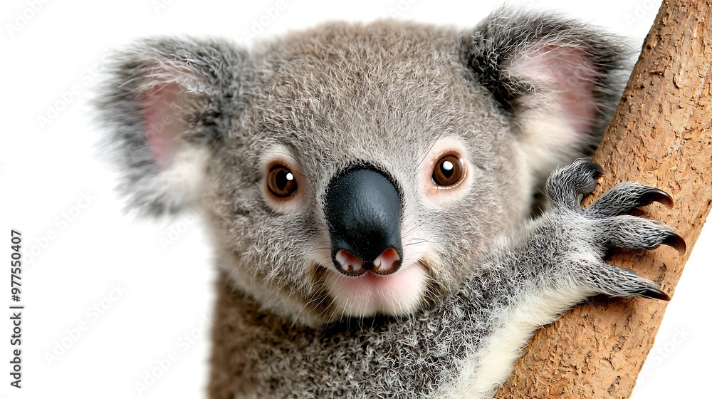 Fototapeta premium A koala cub holds tightly to its branch, captured in a close-up portrait.