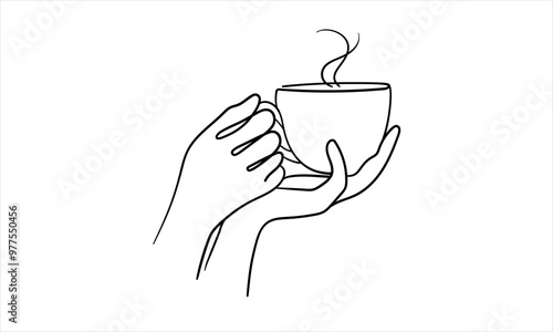Coffee with hand continuous line art drawing isolated on white background. Coffee frame. Vector illustration