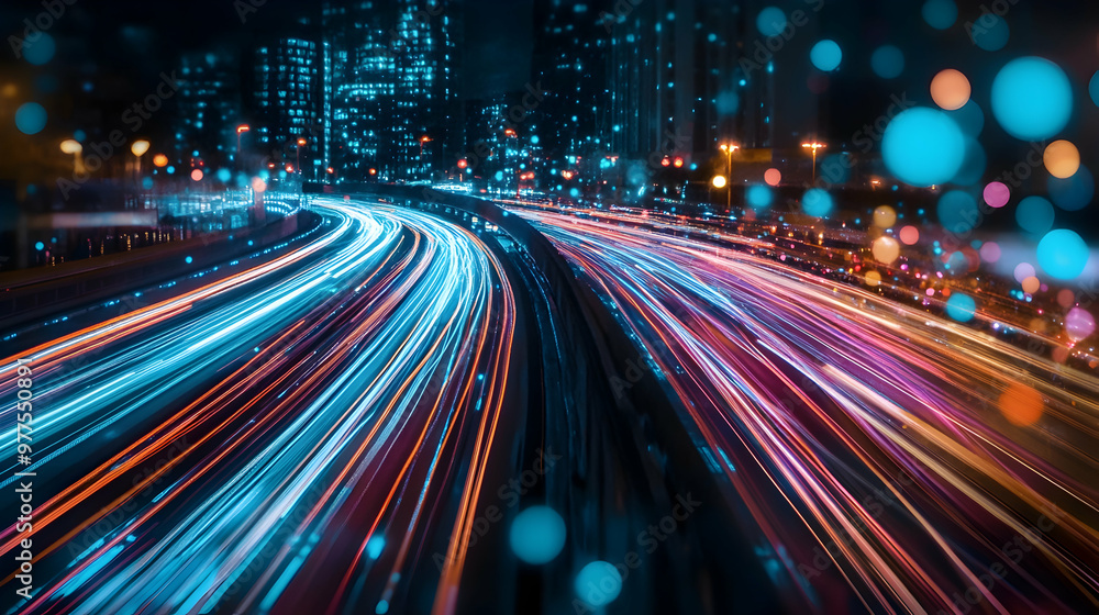 Rapid light streaks represent the transmission of internet data and the concept of connectivity. Rapid light streaks represent the transmission of internet data and the concept of connectivity.