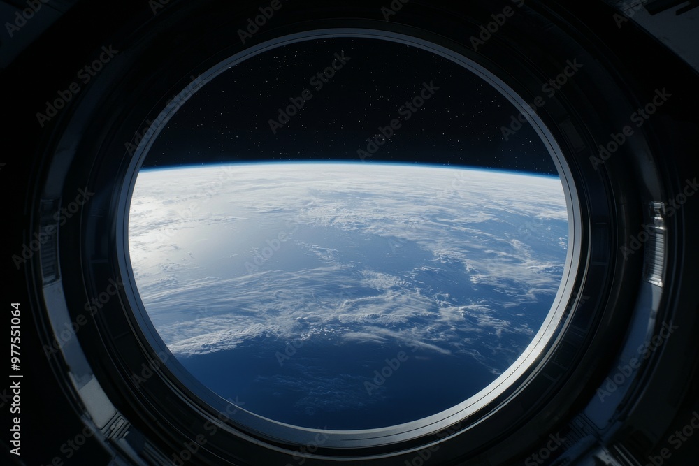 With a stunning bright universe view from a round window on the white cabin of a spacecraft With a stunning bright universe view from a round window on the white cabin of a spacecraft