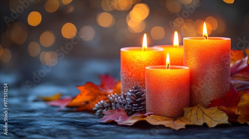 Warm Autumn Candles with Bokeh Lights and Leaves