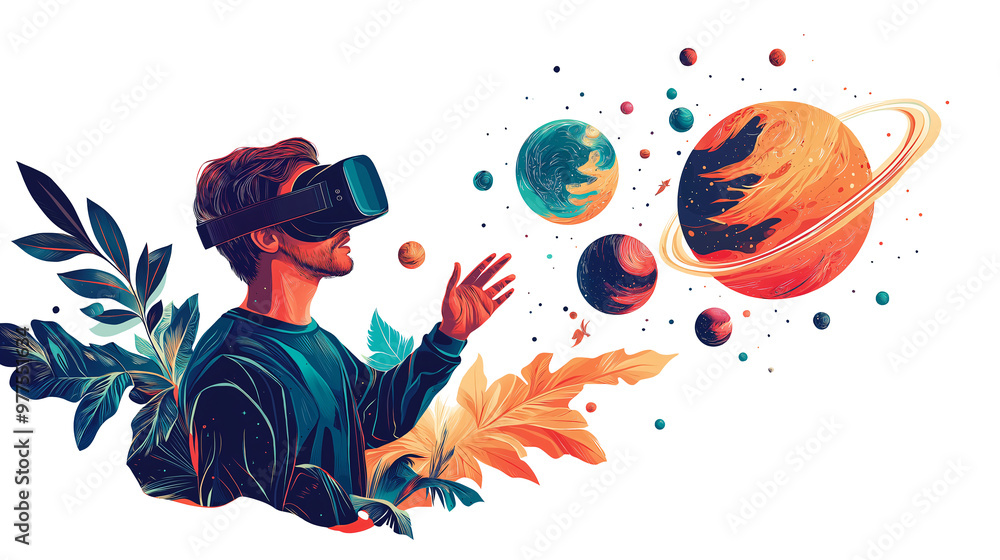 Fototapeta premium Man Wearing Virtual Reality Headset Watching Planet Immersed in Abstract VR World Vector Illustration