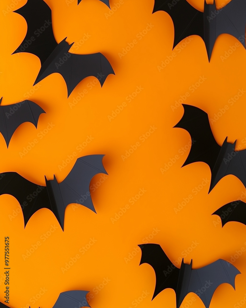 A flat lay of black paper bats on an orange background, creating a festive and playful scene for Halloween. A flat lay of black paper bats on an orange background, creating a festive and playful scene for Halloween.