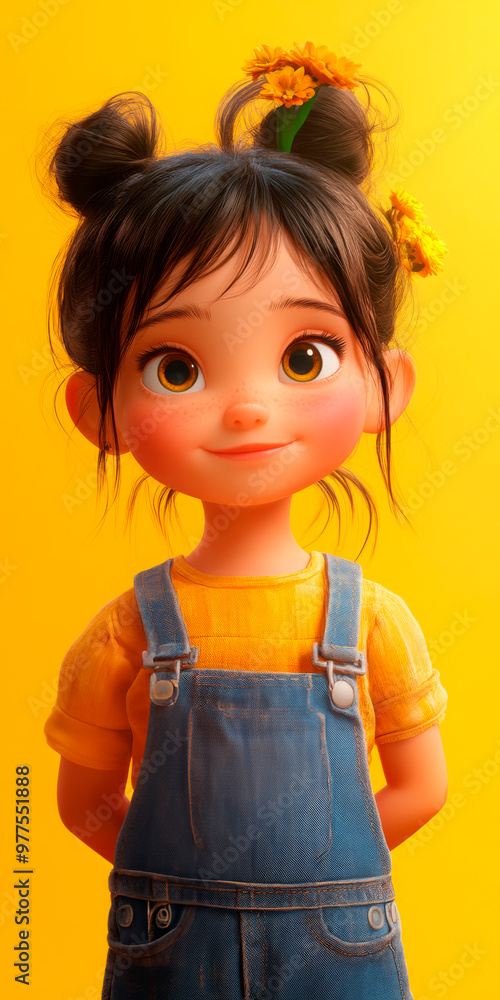 Vivid portrait of an animated girl with a watering can against a bright yellow backdrop, perfect for themes related to childhood, joy, and playfulness. Vivid portrait of an animated girl with a watering can against a bright yellow backdrop, perfect for themes related to childhood, joy, and playfulness.