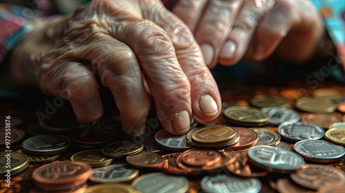 Close-up of an elderly woman's hand counting coins