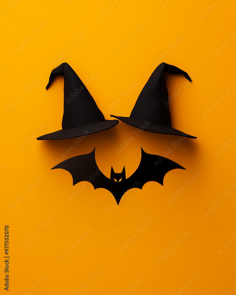Naklejka premium A minimalist Halloween composition made of two black witch hats and the silhouette of a bat creating jack o lantern face set against an orange backdrop. 