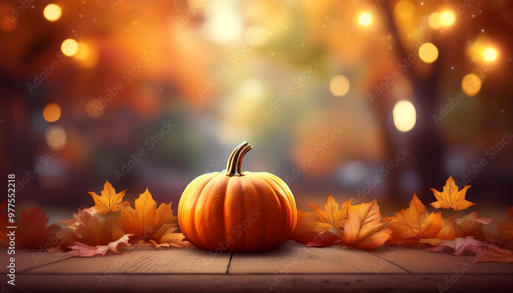 Pumpkin with Autumn Decorations Tabletop Scene. Large Pumpkin Surrounded by Autumn Leaves and Small Gourds Arranged on a Rustic Wooden Table. Graphic art illustration Pumpkin with Autumn Decorations Tabletop Scene. Large Pumpkin Surrounded by Autumn Leaves and Small Gourds Arranged on a Rustic Wooden Table. Graphic art illustration