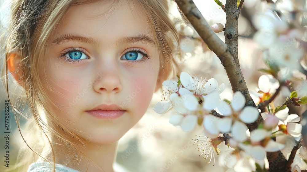 The beauty of a young girl is reflected in the pinky white flower branches of blossoming tree branches in the background of a spring photography session. The beauty of a young girl is reflected in the pinky white flower branches of blossoming tree branches in the background of a spring photography session.