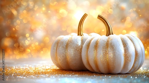 White Pumpkins with Gold Glitter on Sparkling Background