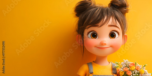 Vivid portrait of an animated girl with a watering can against a bright yellow backdrop, perfect for themes related to childhood, joy, and playfulness.