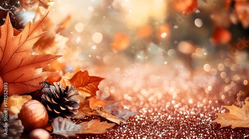 Autumn Background with Leaves, Pine Cones, and Glitter