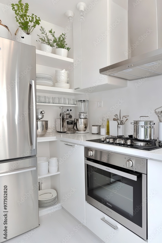 Fototapeta premium A compact yet functional kitchen with open shelving, minimalist white cabinets, and stainless steel appliances, offering a clean and streamlined design