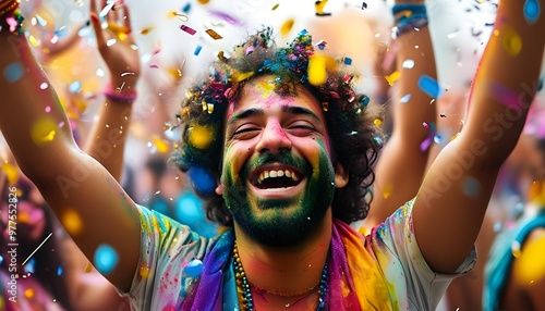 Vibrant celebration of joy and color in a lively crowd, featuring a person embraced by confetti and happiness, hands raised in festive excitement