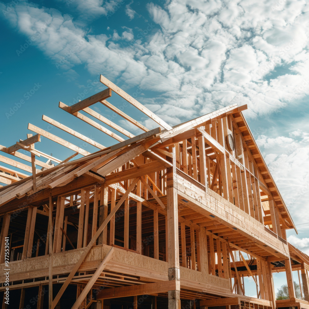 Building construction process of new wooden roof on wood frame house. Building construction process of new wooden roof on wood frame house.
