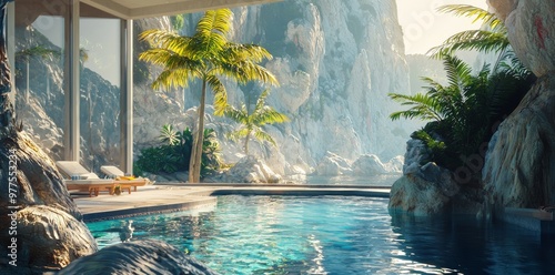 An AI generates this image. It is a modern architecture house, a villa, a hotel, or a mansion with a swimming pool. It is a luxury vibe vacation in the outdoors.