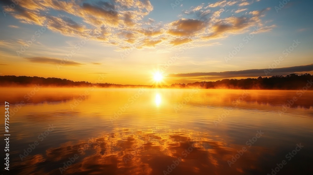 A stunning view of a lake at dawn, with the sun just above the horizon, casting golden reflections on the water. A stunning view of a lake at dawn, with the sun just above the horizon, casting golden reflections on the water.