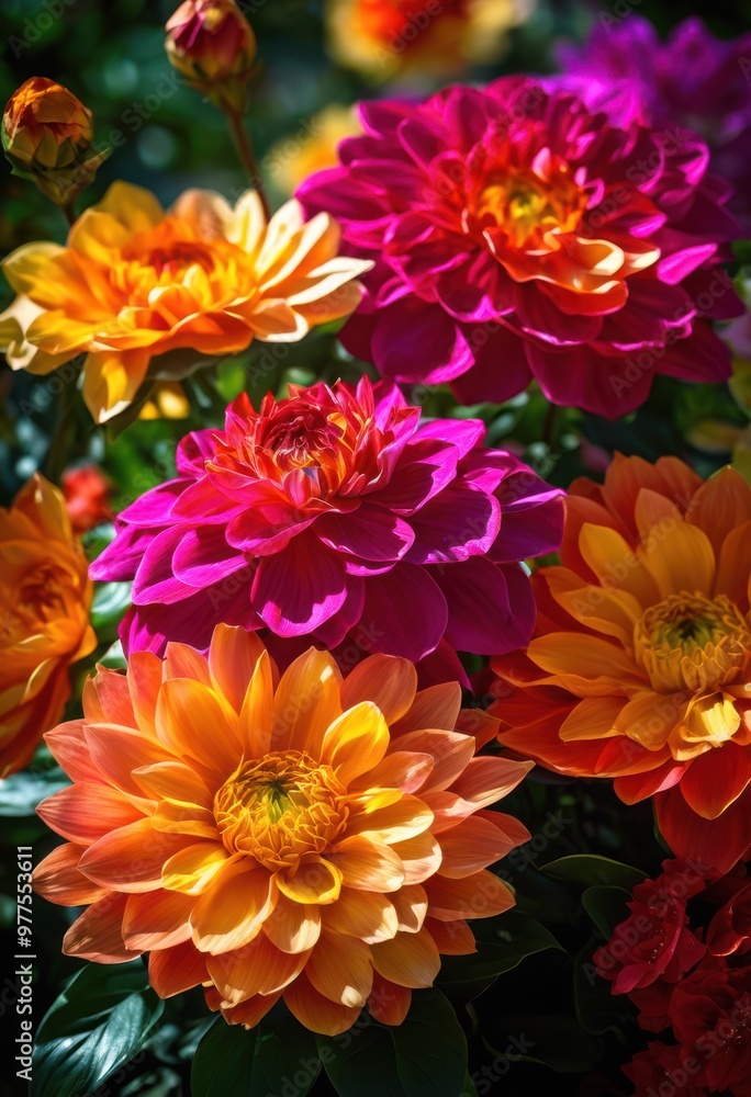 Obraz premium vibrant floral arrangements bathed sunlight showcasing kaleidoscope colors textures splendor, bouquet, composition, design, display, centerpiece, bloom