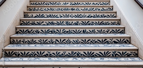 A grand Portuguese staircase lined with azulejos tiles featuring intricate patterns of flowers and leaves, with shades of blue and green creating a serene atmosphere