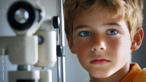 Eye Exam for Boy: Horizontal Portrait of Caucasian Male Child at Eye Examination photo