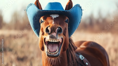 Touching laughing horse in blue cowboy hat for background, wallpaper, postcard, avatar and your fantasies