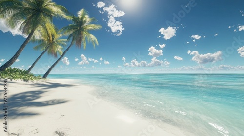 Wallpaper Mural A sunny beach with clear turquoise waters, white sand, and palm trees swaying in the breeze, capturing the essence of summer. Torontodigital.ca