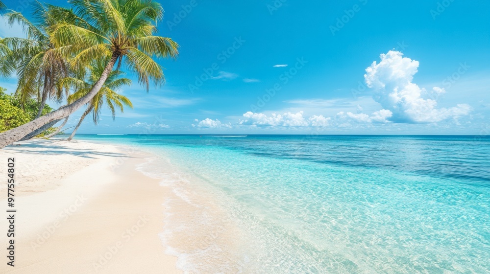 Fototapeta premium A sunny beach with clear turquoise waters, white sand, and palm trees swaying in the breeze, capturing the essence of summer.