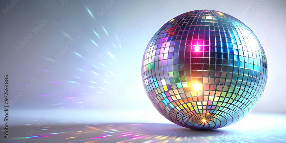 Obraz premium Mesmerizing 3D Holographic Disco Ball Concept: Close-Up Emitting Glowing Light Beams on White Background with Stunning Reflections and Copy Space