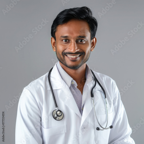 Medicine, profession and healthcare concept - smiling indian male doctor in white coat․ photo